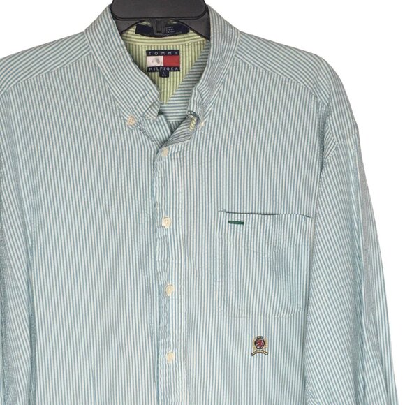 Vintage Tommy Hilfiger Shirt Mens Large Seersucker Button Down Crest Blue Stripe - Picture 1 of 13